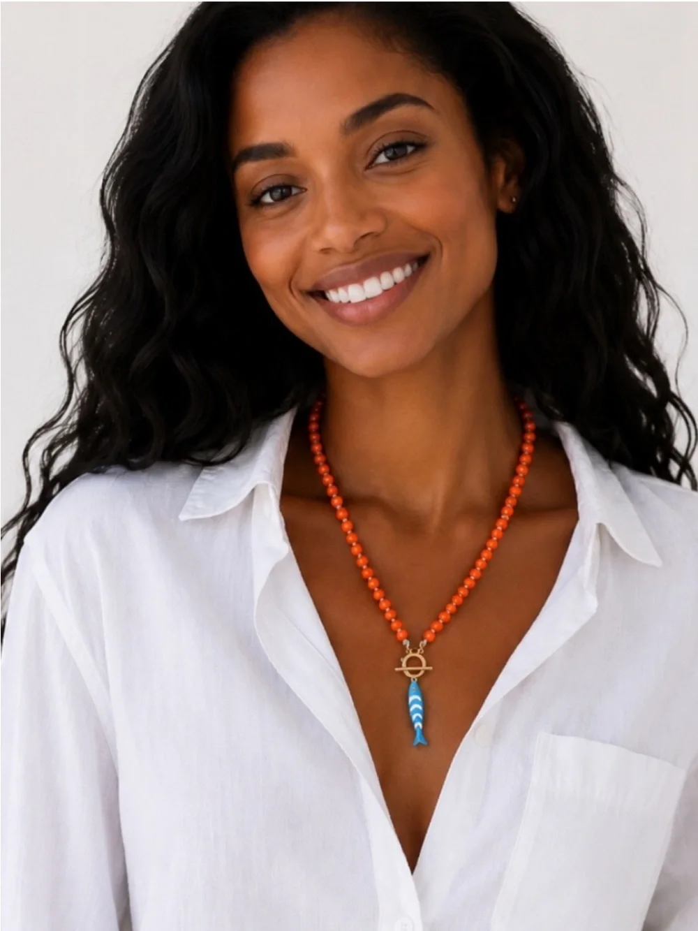 New! Coastal Preppy Colorful Tangerine Sardine Fish Dopamine Necklace NWOT 5038